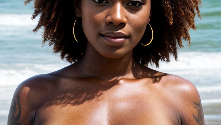 an attractive black woman standing in front of a beach